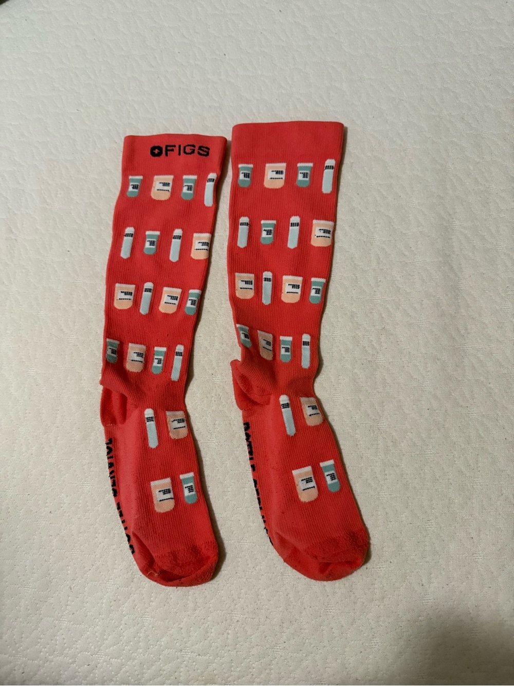 FIGS Red Compression Socks with Medicine bottles design